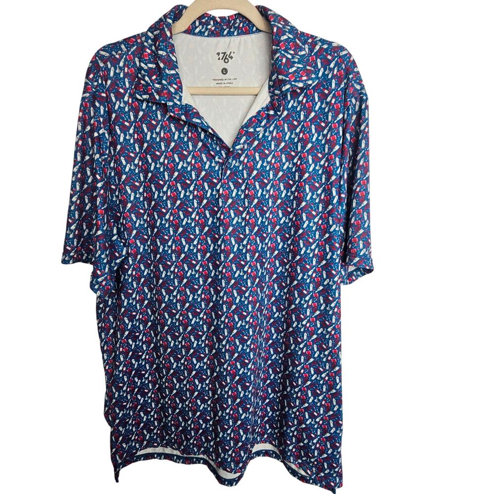1764 Mens Golf Polo Shirt Wine Grapes Print Size L Blue Stretch Athletic Novelty